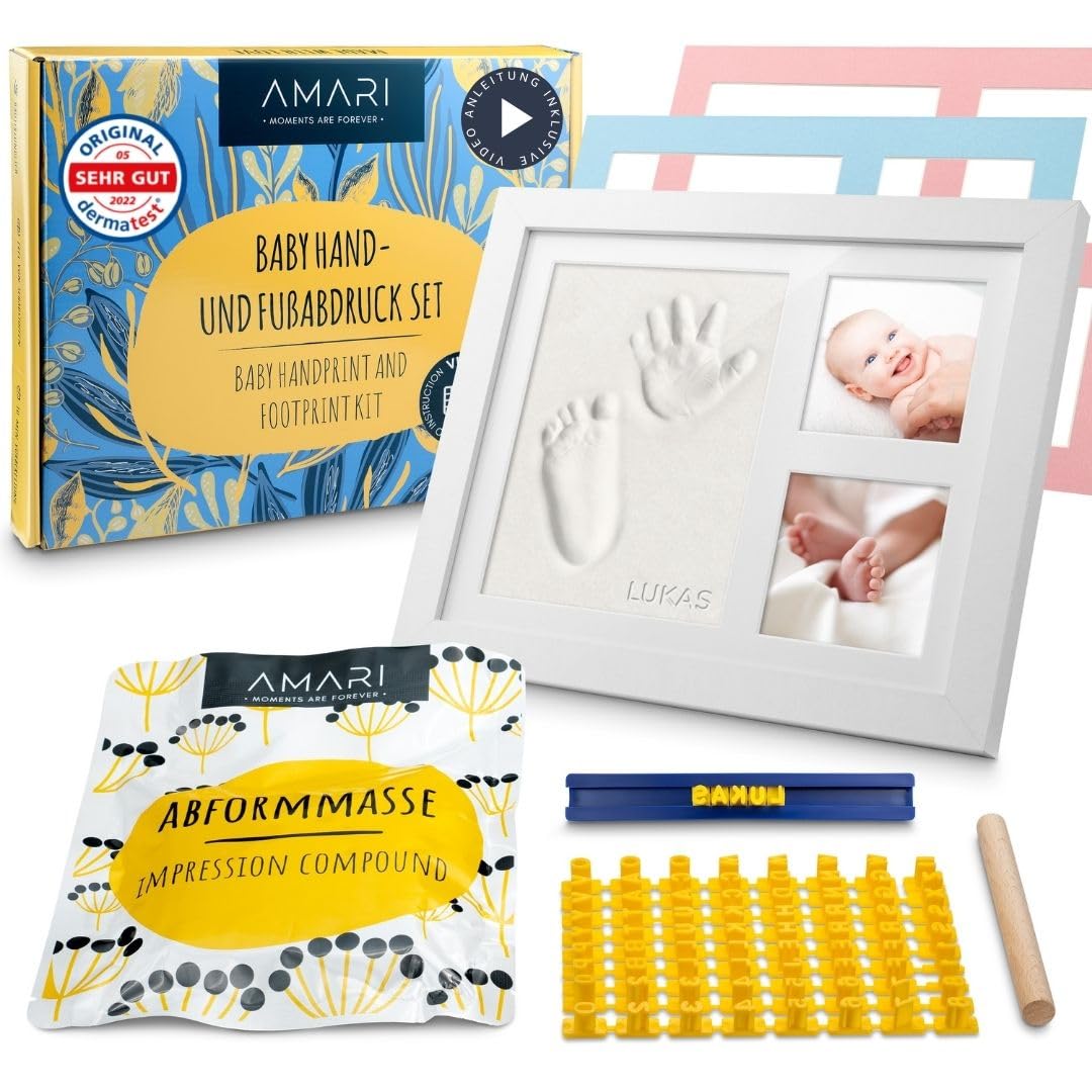 Amari® Gipsabdruck Set Baby Hand- und Fuß – Abdruckset Baby mit Bilderrahmen - Geschenk Neugeborene Fußabdruck, Handabdruck Set, Zubehör, Neugeborenen Geschenk, Babyparty