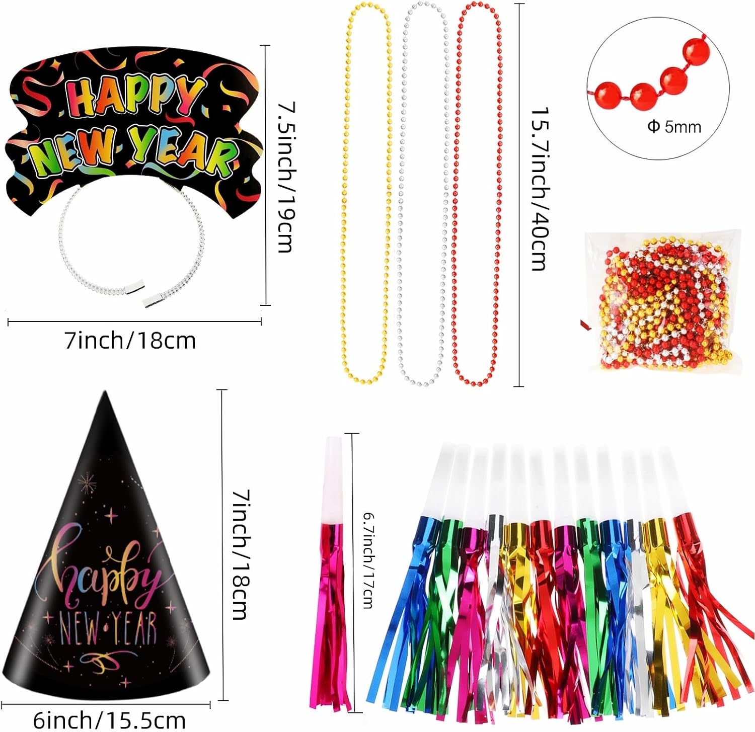 2026 Happy New Year Party Decorations 48pcs New Years Eve Party Supplies Happy New Year Party Cone Hats, Tiaras, Blowouts and Necklace, 2026 New Years Party Decoration Supplies - Image 3