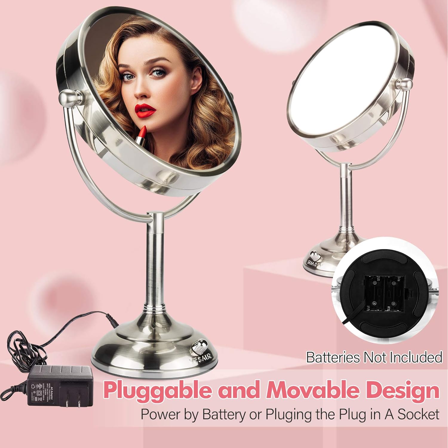 One-Day Sale: Up to 80% Off VESAUR Professional 10 [Large Tall Size] Lighted Makeup Mirror, 2-Sided Magnifying Vanity Mirror with 48 LED Lights, Senior Satin Nickel Cosmetic Mirror, Brightness Adjustable (0-1100Lux)