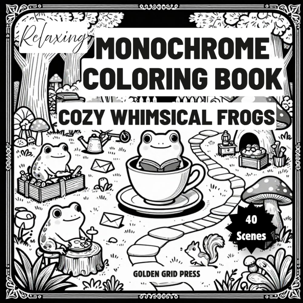 Relaxing Monochrome Coloring Book Cozy Whimsical Frogs: Featuring Whimsical Cottagecore Frogs, Enchanted Ponds, Lily Pads, Mushrooms, and Cozy Nature Scenes Designed for Adults