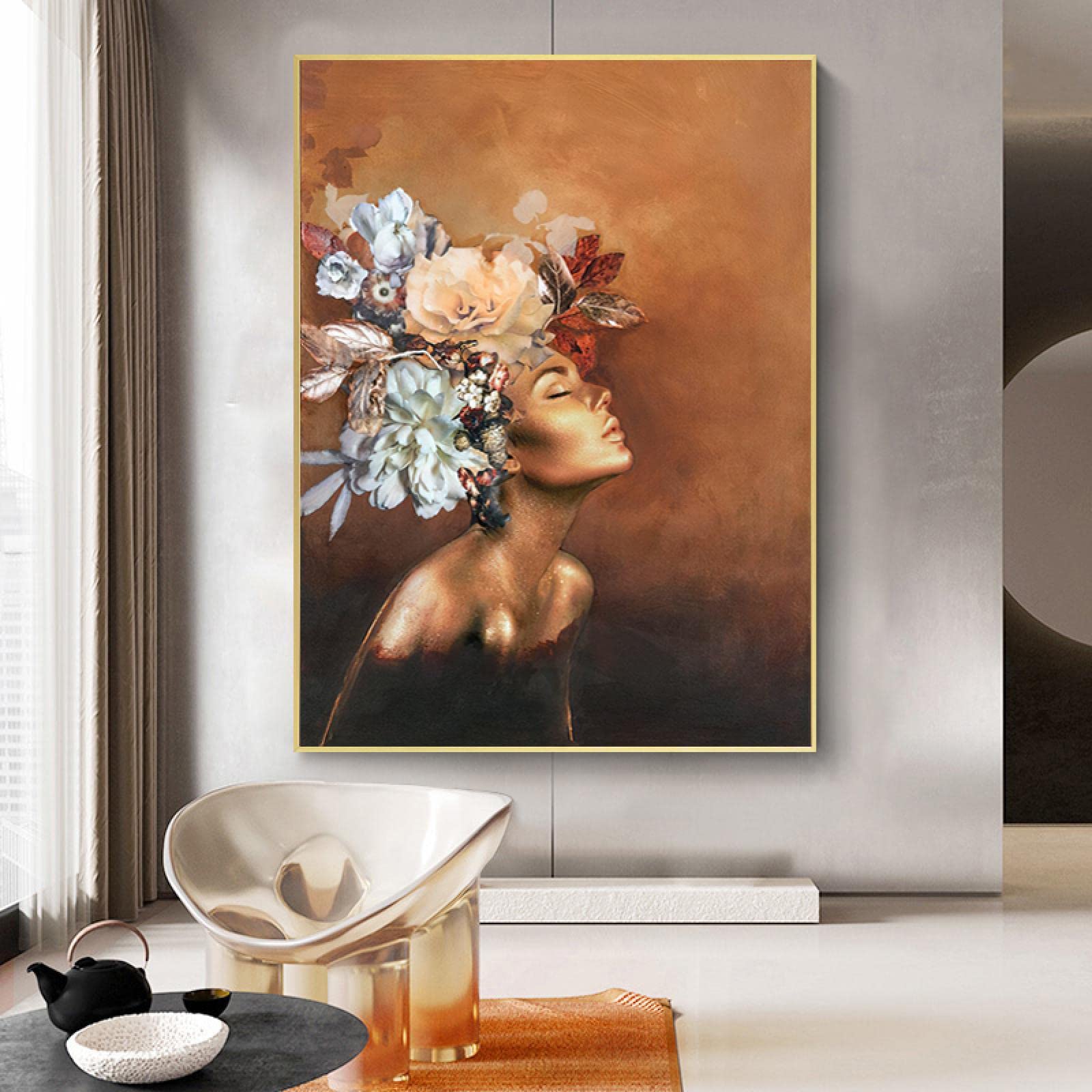 Amazon.co.jp: 頭の上の花 ゴールド 女性 キャンバス 絵画