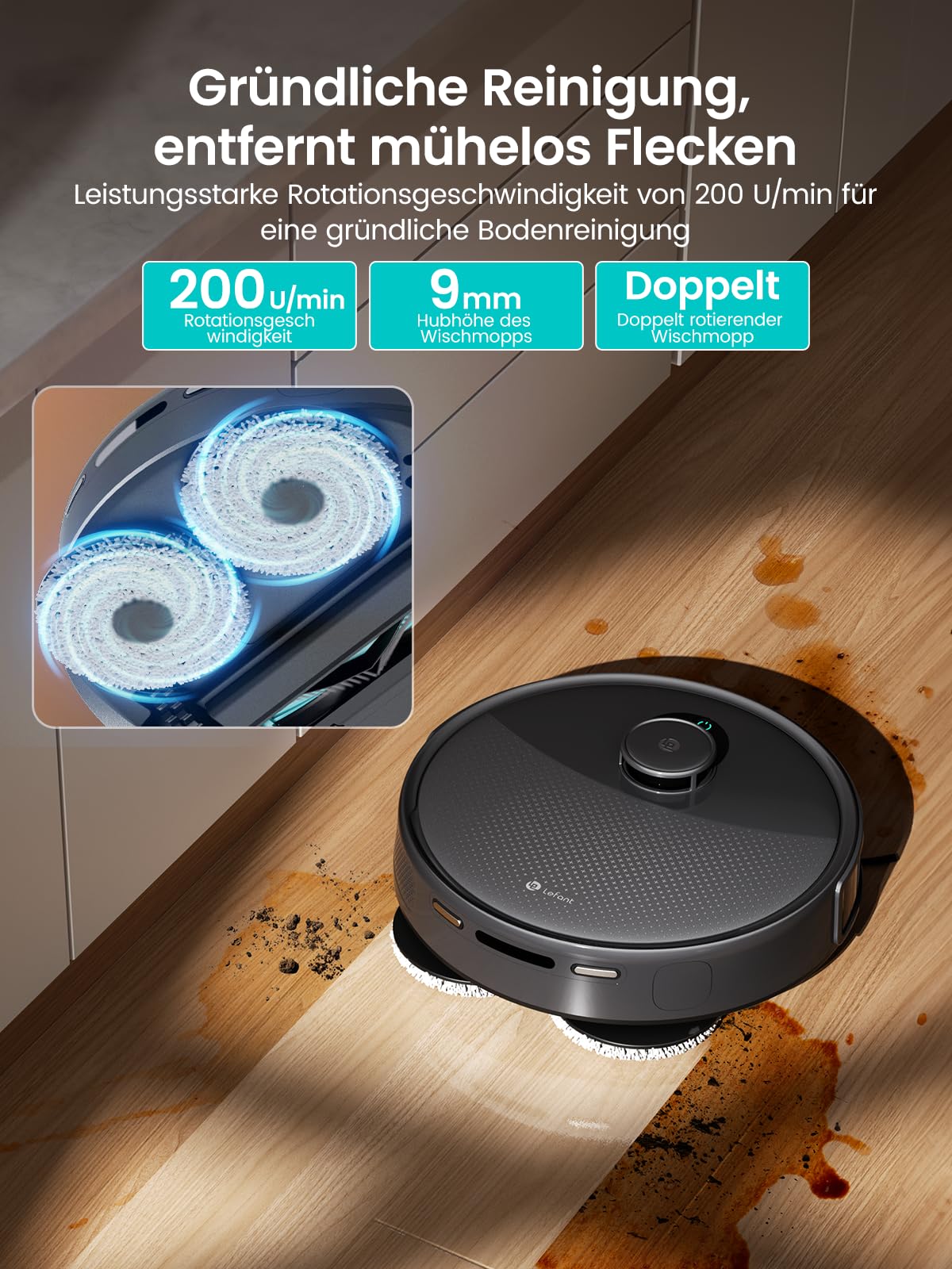Lefant M3 MAX Saugroboter mit Wischfunktion,20000 Pa Saugkraft,Vermeiden von Hindernissen,LiDAR Navigation,No-Go-Zone,Anheben des Wischmopps,Multi-Floor Mapping,WLAN 2.4G/5G, App und Alexa