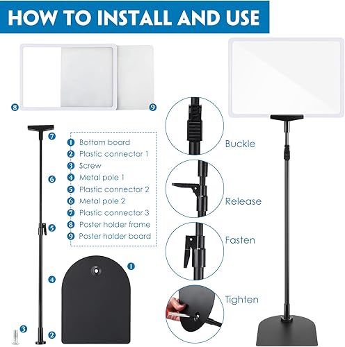 Miniatura 4 de Wesiti Paquete de 12 soportes para letreros de pie de 8.5 x 11 pulgadas, soporte ajustable para carteles de piso, soporte vertical de aluminio para