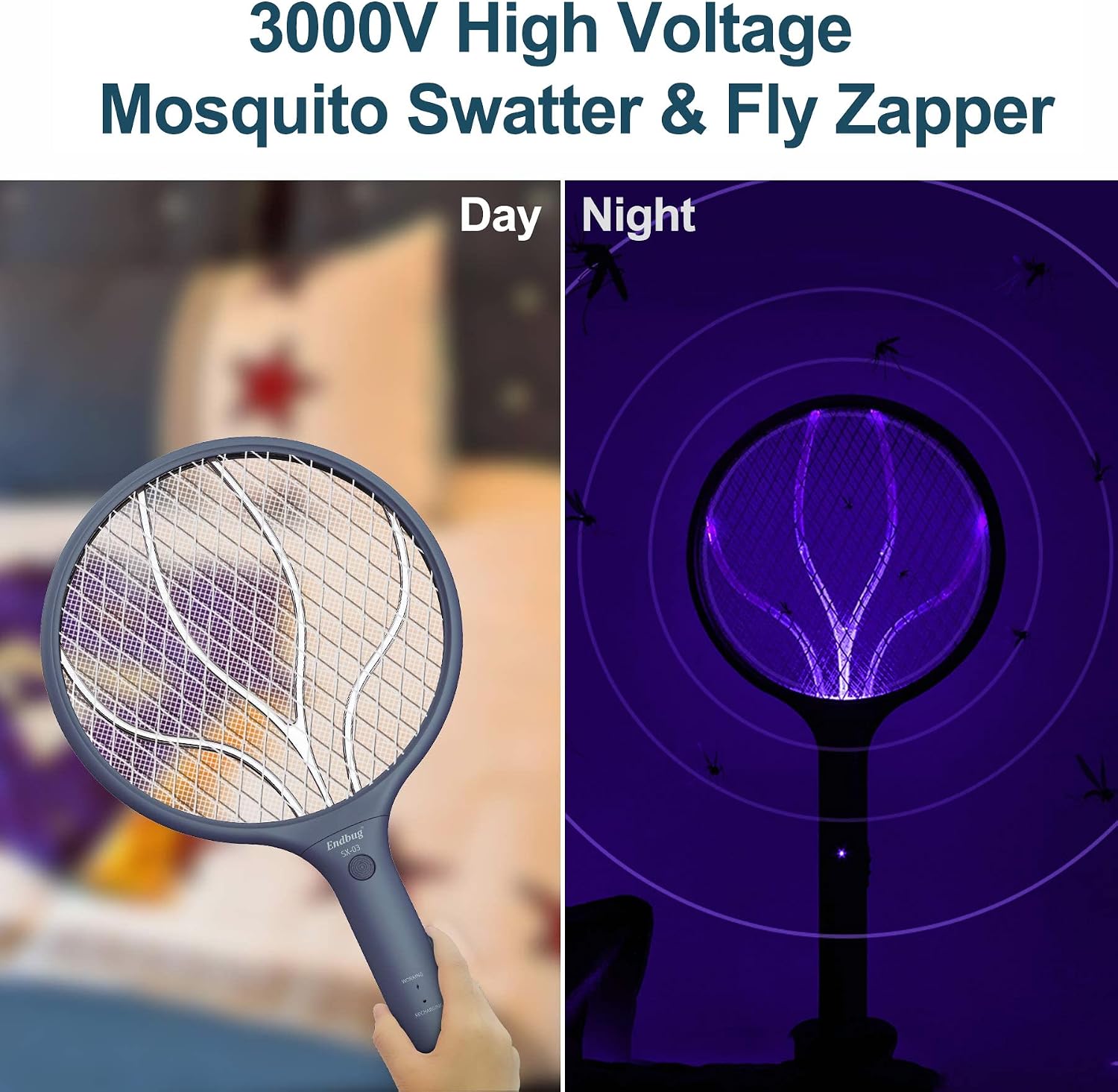 Endbug Electric Fly Swatter Rechargeable, 2 in 1 Bug Zapper Racket Rechargeable with Stand, Mosquito Fly Zapper USB Charging for Indoor Bedroom, Kitchen, Patio