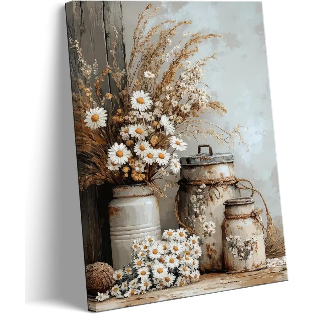 LSYALUCK Canvas Wall Art Vintage Country Floral Flower Still Life Botanical Rust Color Watering Can Prints Artwork for Living Room(80x130cm(32x51in)/InnerFrame)