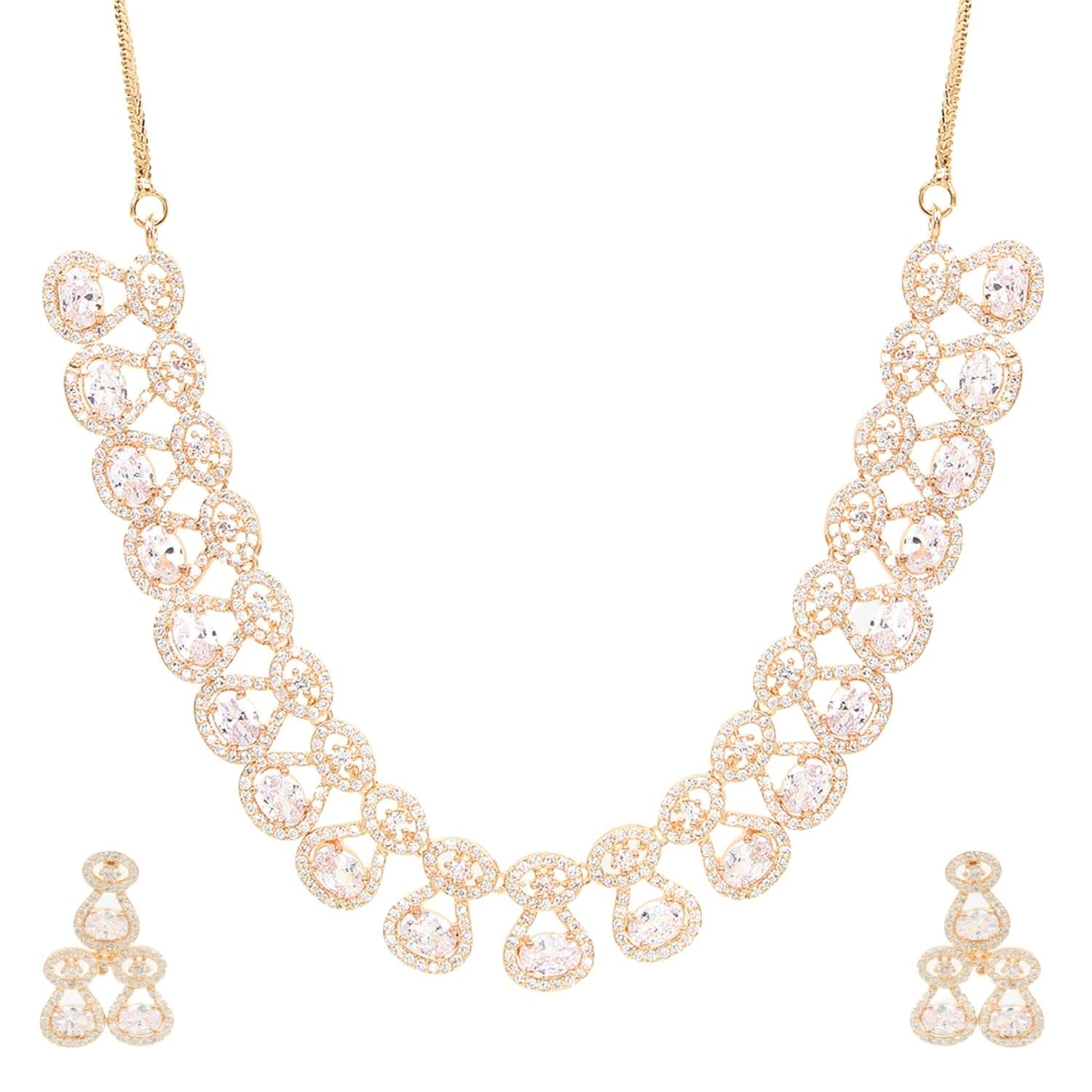 Steorra jewelsGolden Stone American Diamond AD CZ Studded Jewellery Wedding Bridal Silver Plated Necklace Jewellery set with Earrings for Women Rhodium Plated Alloy Choker Set/Birthday Anniversary