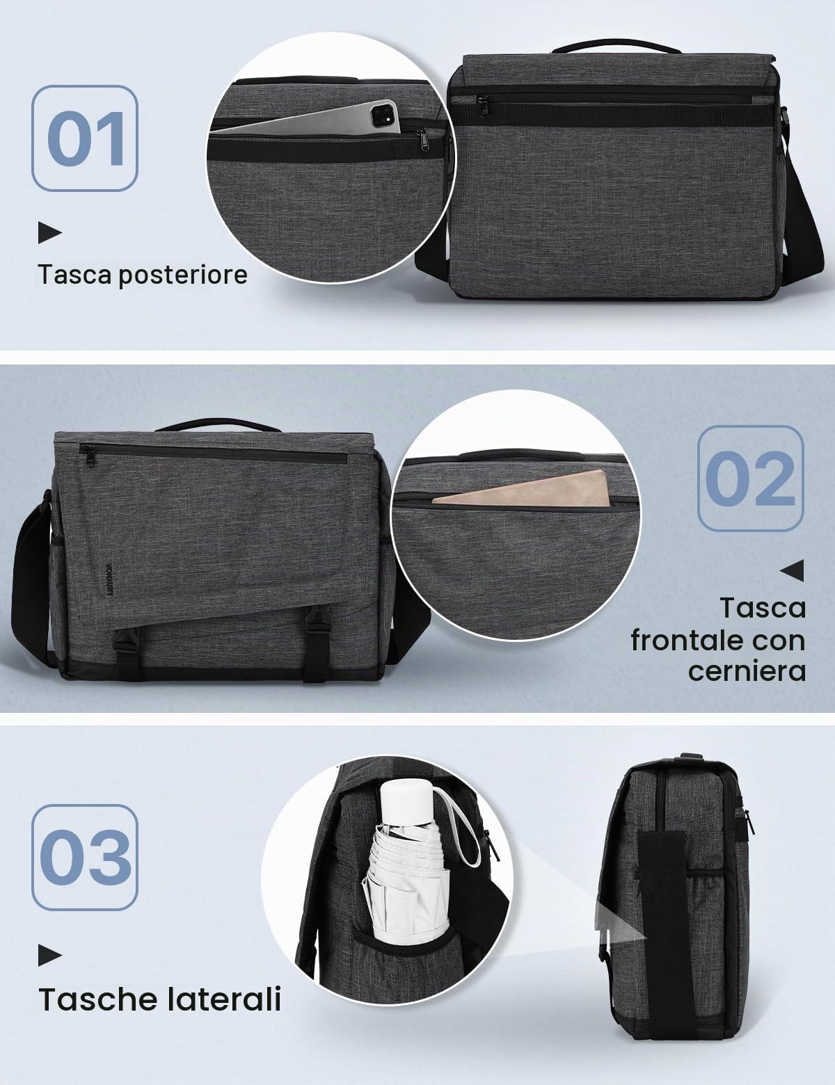 Borsa a tracolla da uomo, VONXURY leggera resistente all'acqua Borsa per laptop da 15,6 pollici Borsa a tracolla per ufficio scolastico