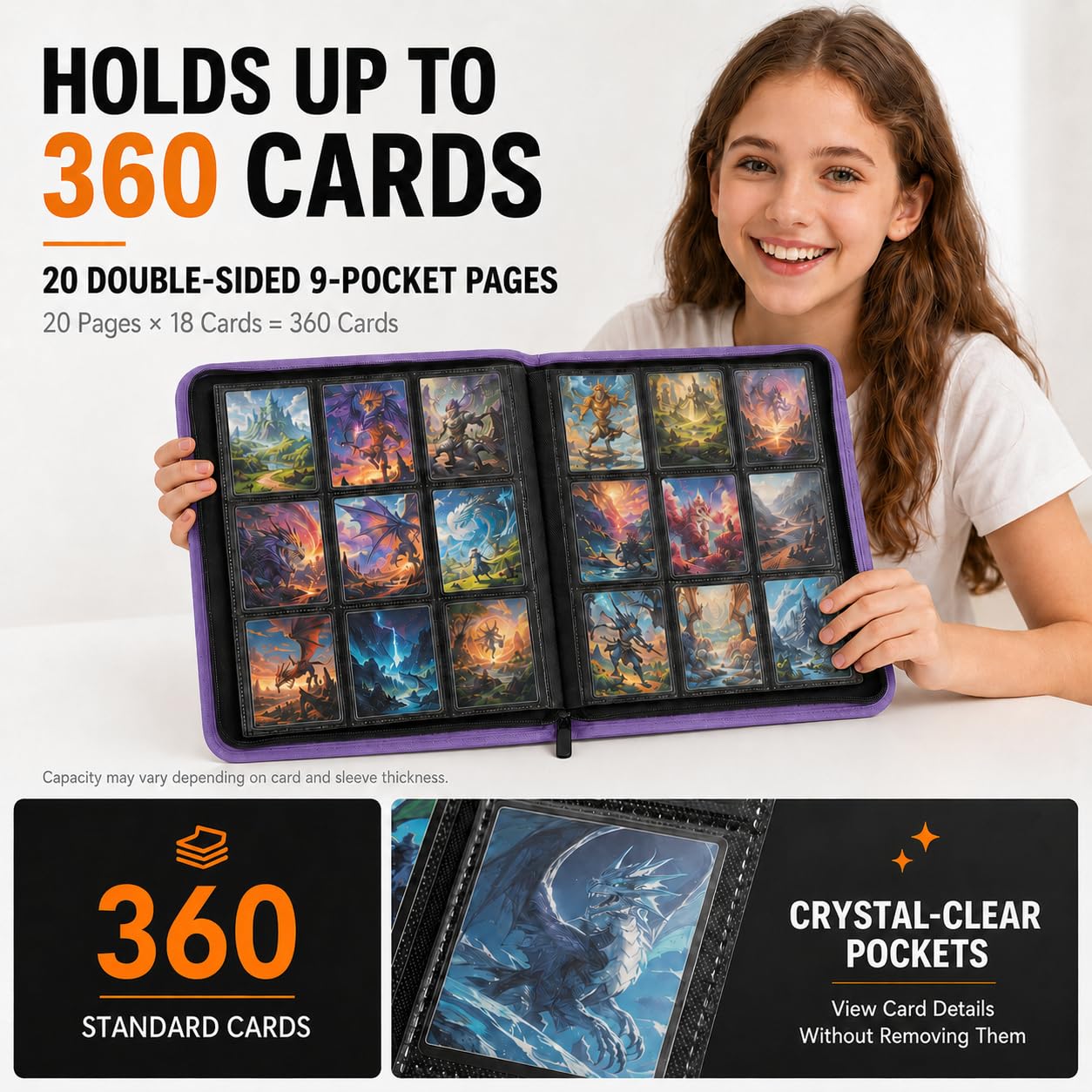 Raccoglitore per carte collezionabili, 9 tasche, raccoglitore di carte di alta qualità, per 360 carte, resistente album per carte a caricamento laterale, con cerniera, perfetto per carte TCG, MTG e