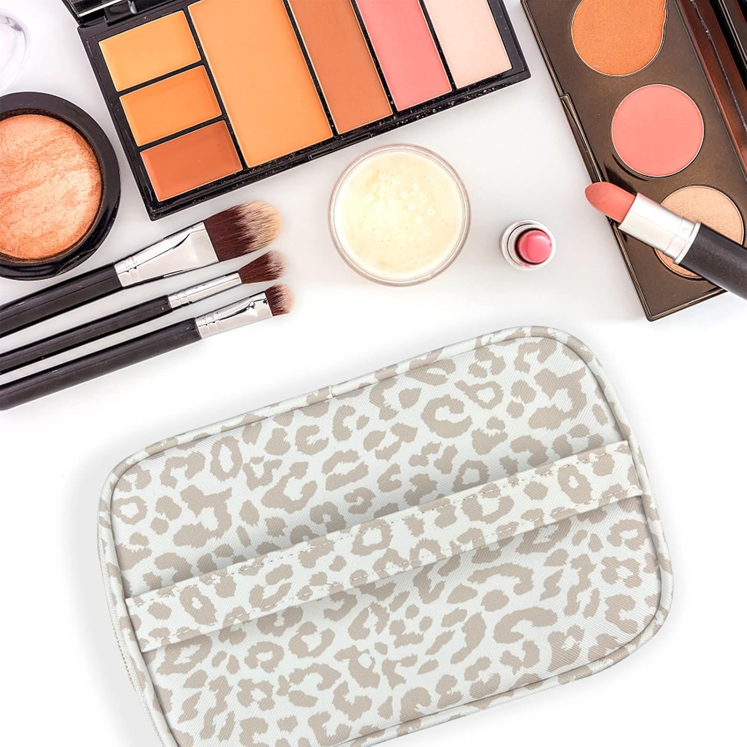 3Pcs Makeup Bag,Travel Makeup Bag,Makeup Bags for Women,Makeup Brush Bag,Large Capacity PU Cosmetic Bag,Waterproof and Durable-Grey White Leopard Cheetah Pattern - Image 3