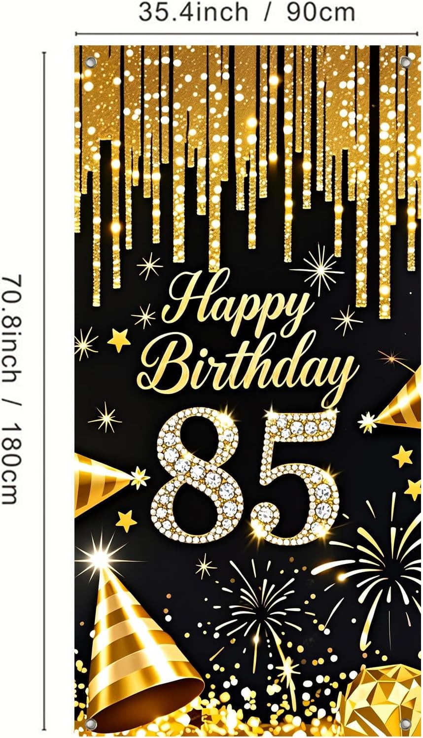 85th Birthday Door Cover 71x35 Inch Black and Gold Birthday Door Banner for Party Decorations Diamond Number Backdrop Sign for Women Men Adults Photo Booth Prop Wall Decor