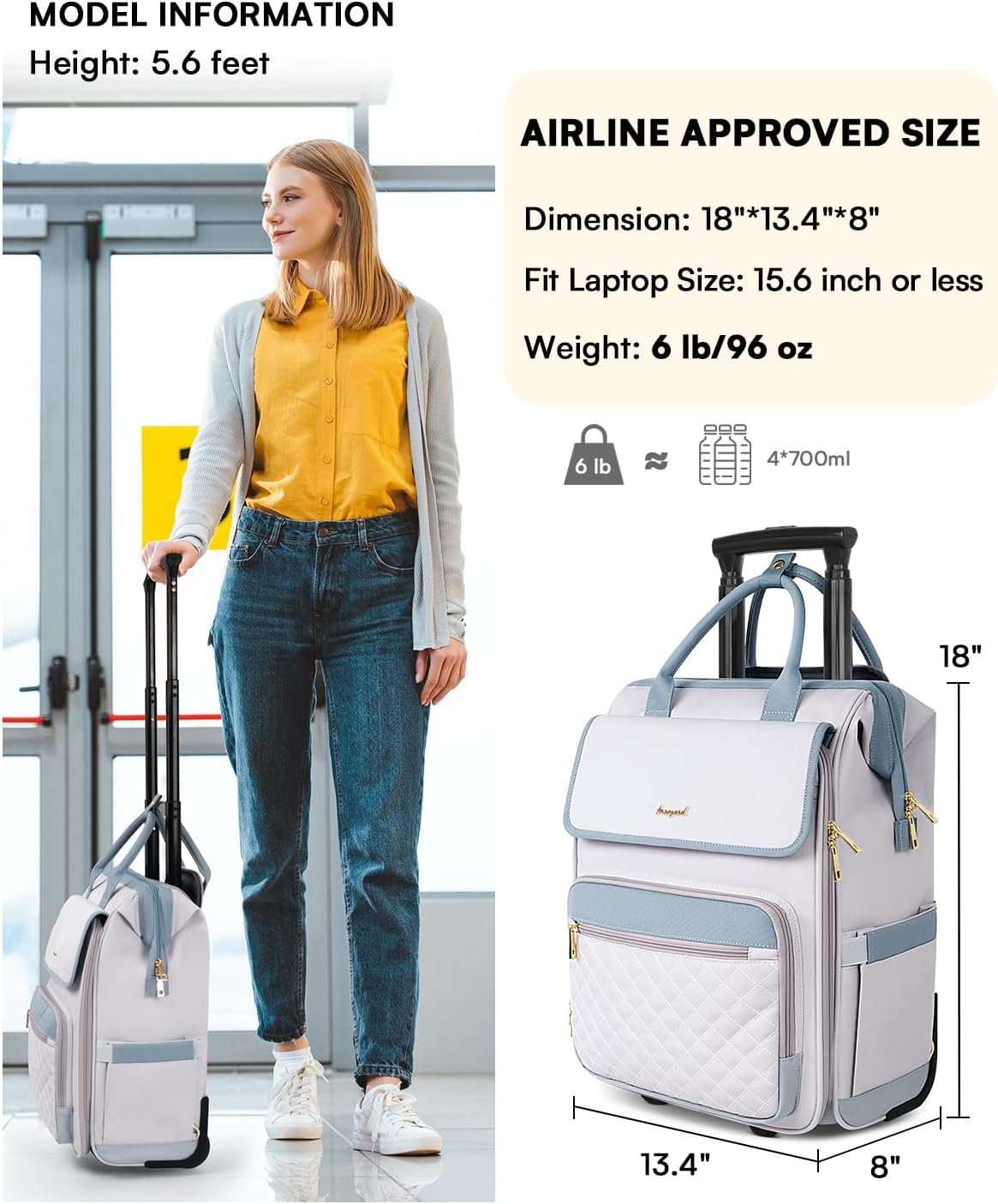 Rolling Backpack for Women, Travel Rolling Laptop Backpack with Wheels, Vertical & Horizontal Storage 2 In 1, Flip-Top Design, Water-Resistant Overnight College Underseat Carry on Luggage, Grey