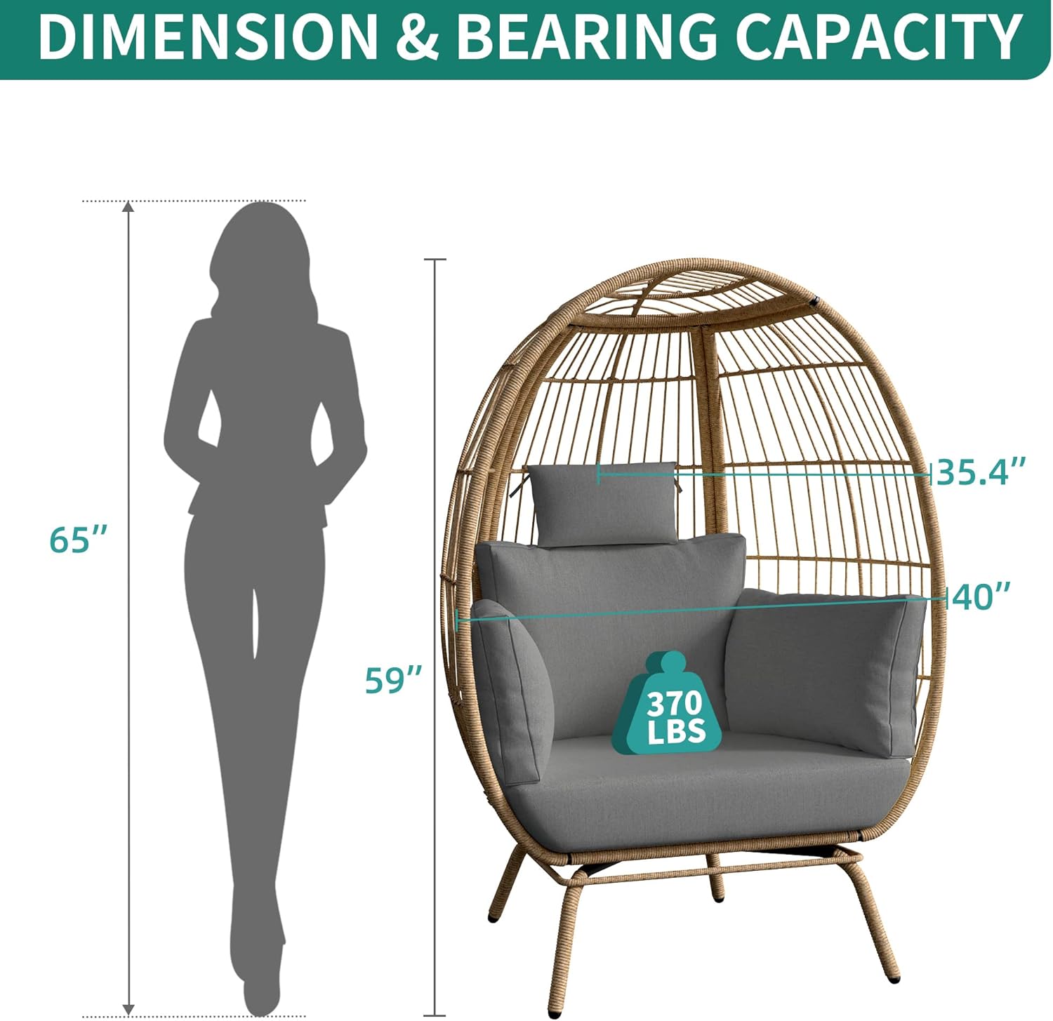 Diagram showing the dimensions of the YITAHOME Egg Chair and its 370 lbs bearing capacity