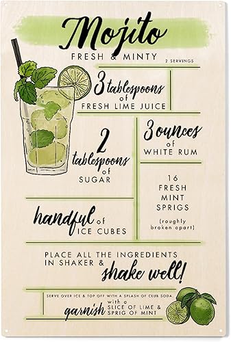 Lantern Press Letrero de madera de 10 x 15 pulgadas, listo para colgar, decoración de pared, mojito, receta de cóctel