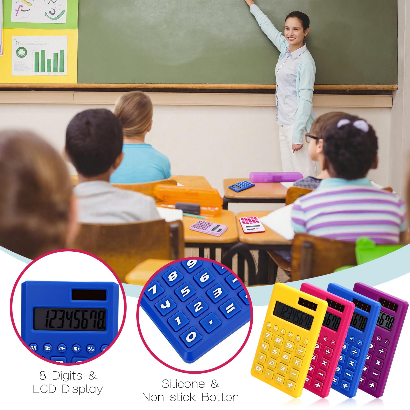 Yunsailing 48 calcolatrici tascabili a 8 cifre, piccole calcolatrici standard di base, per studenti, bambini, insegnanti, scuola, scrivania, casa, ufficio, 3 design (fresco)