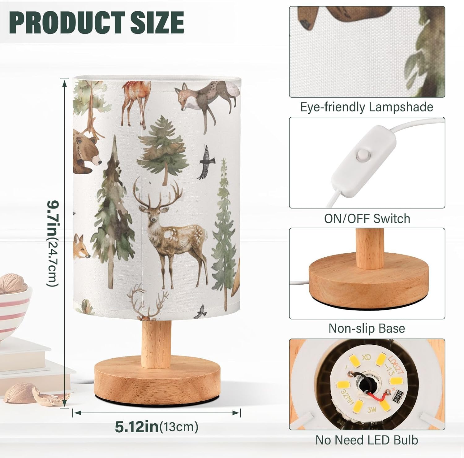 Table Lamp Watercolor Animal Forest Tree Deer Fox Bear Nightstand Lamp with Wood Base Fabric Lamp Shade Bedside Desk Lamp for Living Room Bedroom Kids Room Office