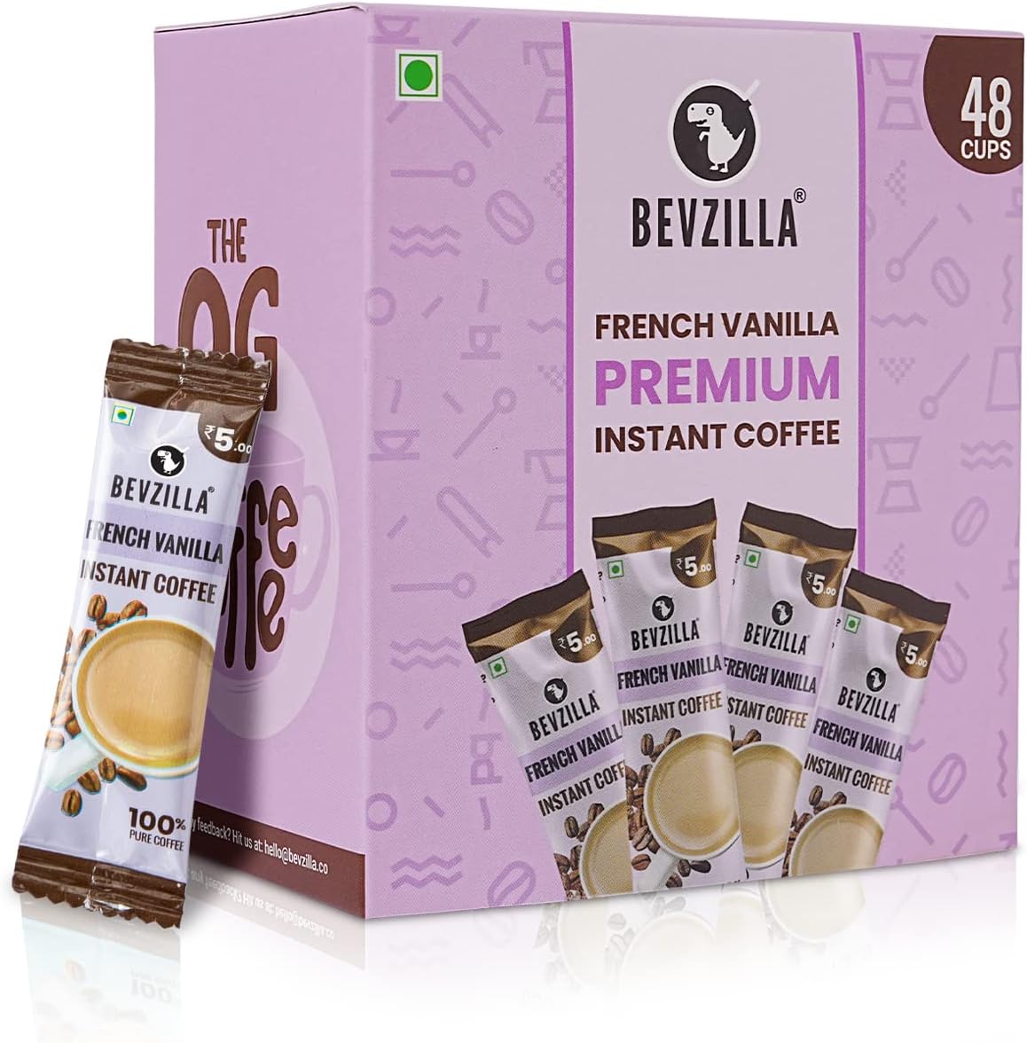Bevzilla 48 Instant Coffee Powder Sachets (Vanilla) - 96 Grams|Hot & Cold Coffee|Makes 48 Cups|Strong Arabica Coffee|Easy To Carry|Best For Espresso, Latte, Cappuccino| Enjoy Hot & Cold Brews