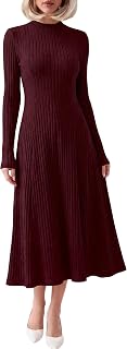Womens Fall Ribbed Knit Mock Neck Long Sleeve Midi Dress