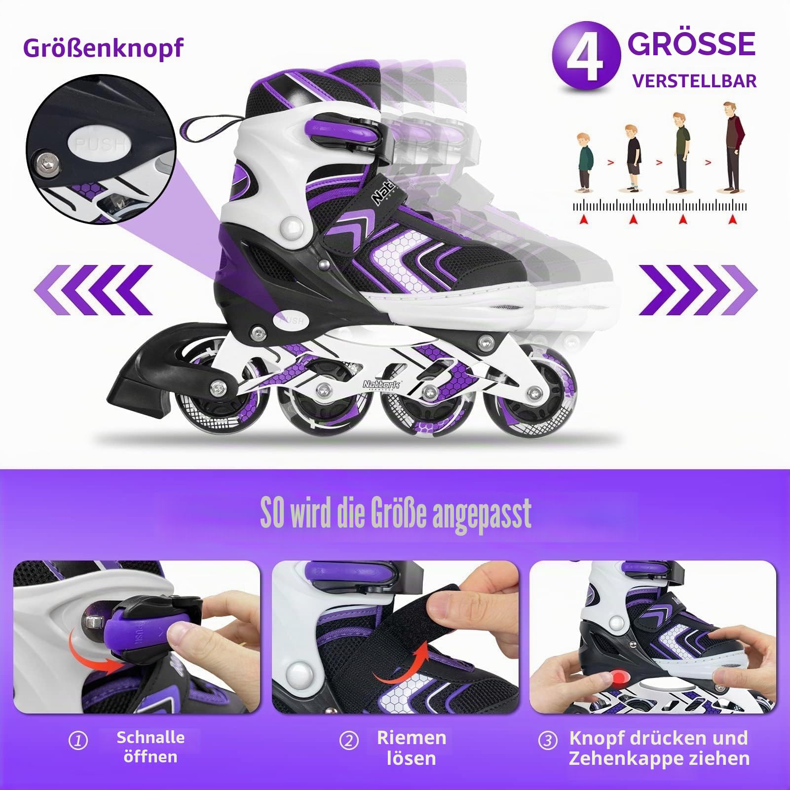 Nattork Inliner für Kinder Verstellbare Inline Skates, 4 Größen Kinder Inline Roller Skates mit Beleuchteten, Kinder Inliner Rollschuhe für Anfänger
