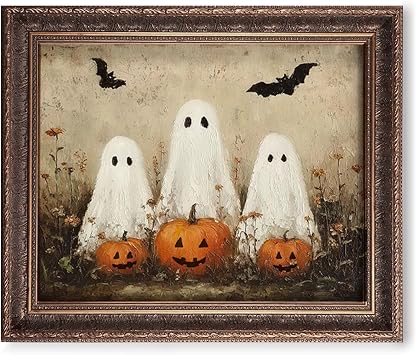 OFlyDesigns Rustic Country Ghost Print, Ghosts Pumpkins Bats Wall Decor, Vintage Style Ghost Wall Art, Old Fashioned Cottage Halloween Decor, Halloween Living Room Wall Art,Unframed11 x 14 inch