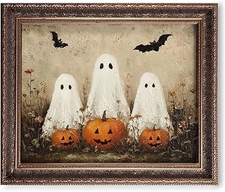 OFlyDesigns Rustic Country Ghost Print, Ghosts Pumpkins Bats Wall Decor, Vintage Style Ghost Wall Art, Old Fashioned Cottage Halloween Decor, Halloween Living Room Wall Art (11 x 14 inch)