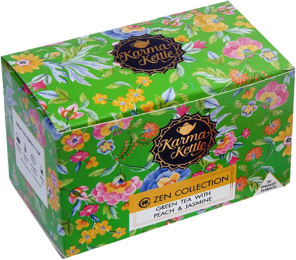 Zen Collection Green with Peach and Jasmine, 20 Pyramid Tea Bags - Natural Detox | Aromatherapy |Healthy Skin | Metabolism Booster