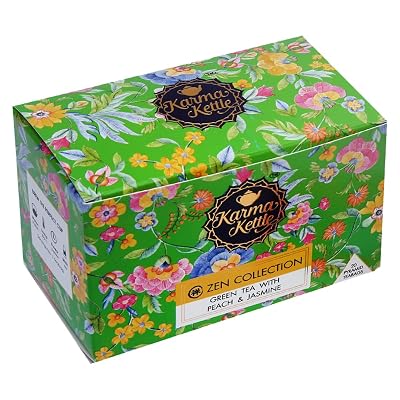 Karma Kettle Zen Collection Green with Peach and Jasmine, 20 Pyramid Tea Bags - Natural Detox | Aromatherapy |Healthy Sk