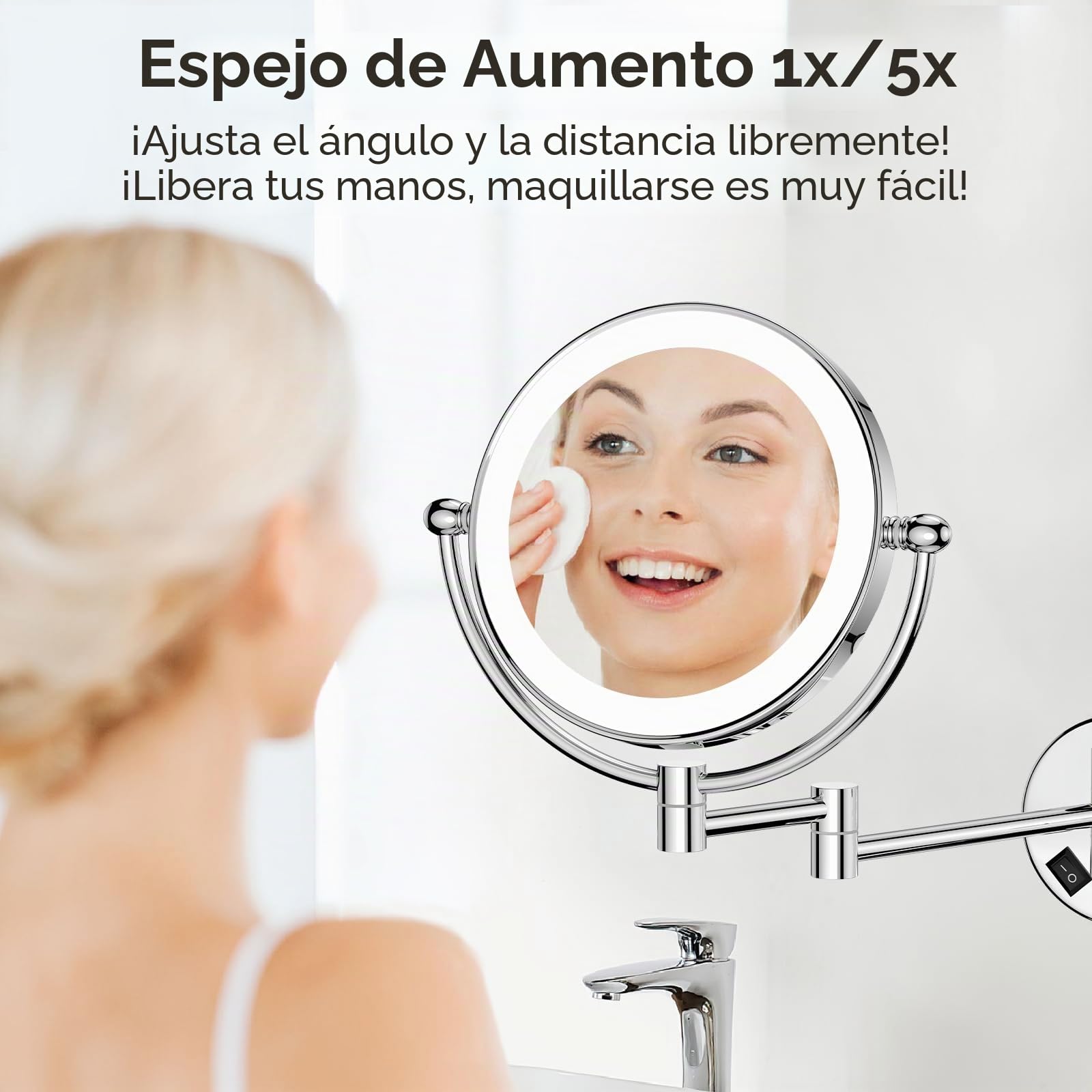 Nicesail Espejo Maquillaje con Luz y Aumento 5X Plata - Montaje Pared - con Enchufe - Doble Cara - Espejo Extensible para Afeitado o Maquillaje Preciso,Diámetro 20 cm