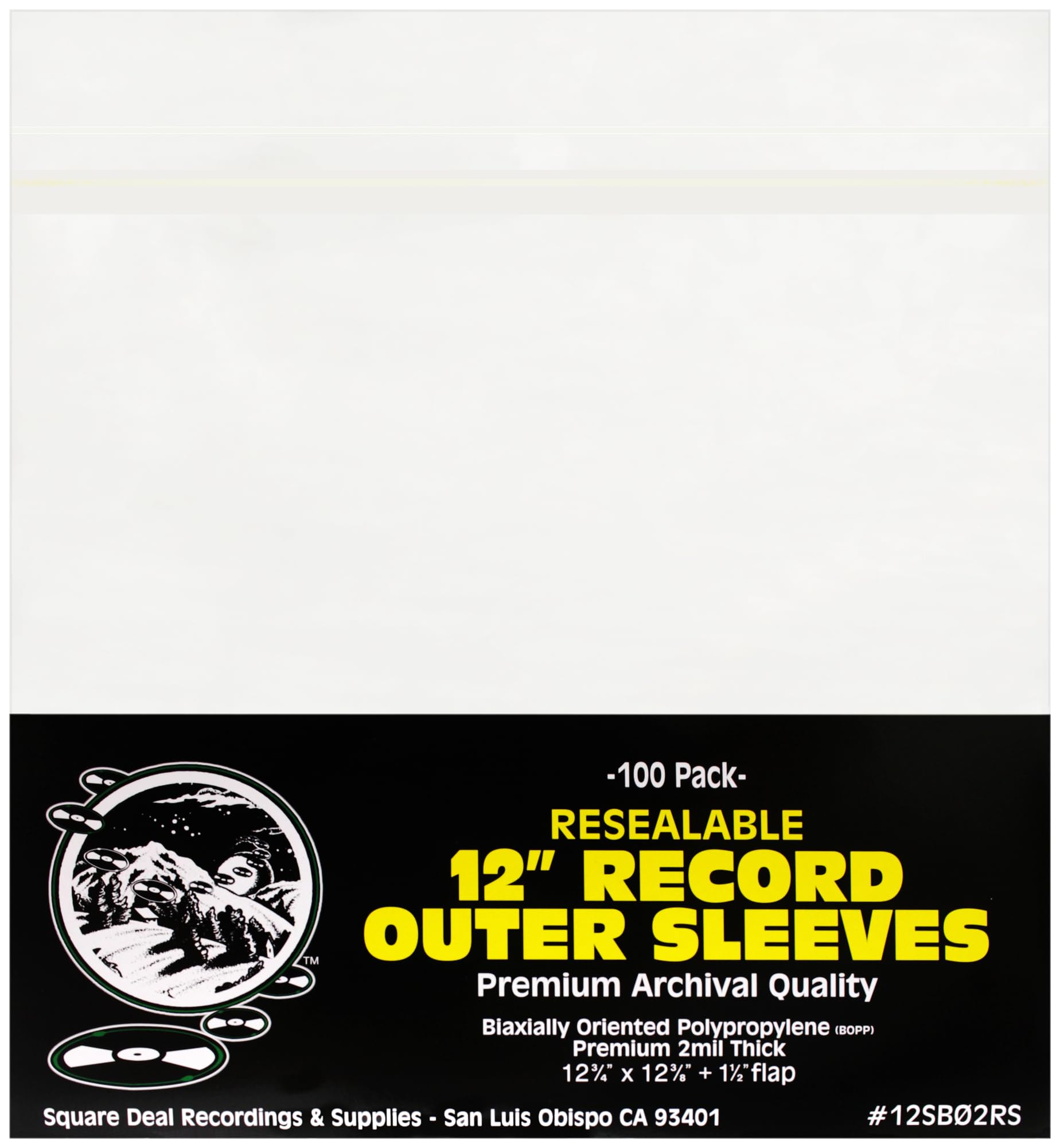 (100) 12" Archival Resealable Record Outer Sleeves - Super Clear Premium 2 Mil Thick Archival Quality BOPP #12SB02RS