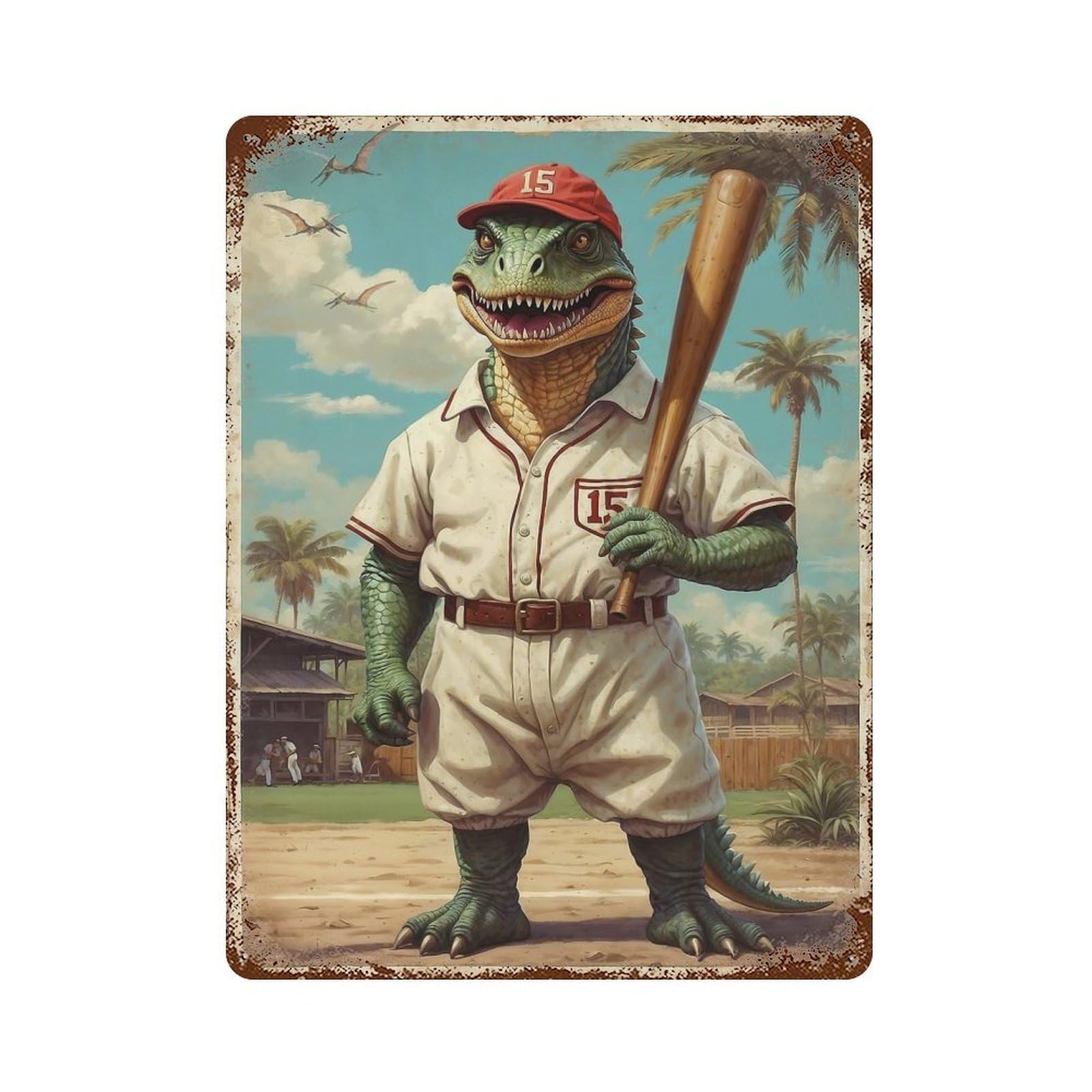 Garage Style Dino Ballpark Legend 15 Aged Metal Wall Plaque 15.7"x11.8", Farmhouse Wall Decor for Bar And Workshop