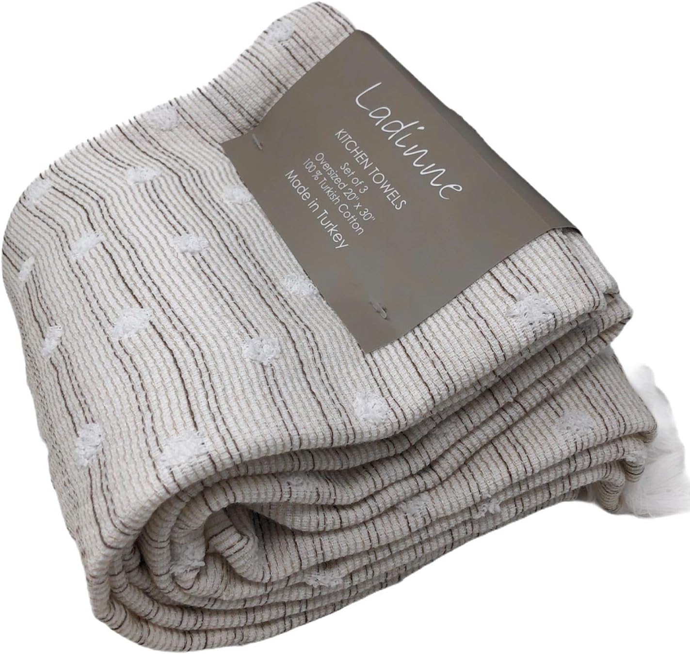 Kitchen Towels Set of 3 Oversized 20 x 30in 100% Turkish Cotton, Terrycloth, Striped Light Brown with Pop up Dots | Made in Turkey