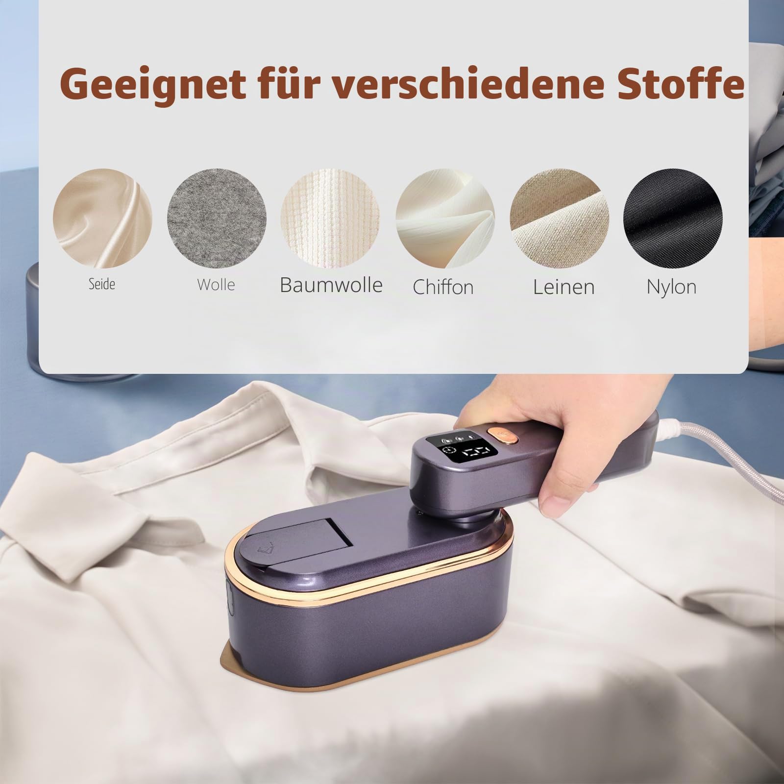 Dampfbügeleisen Mini mit LED-Anzeige,180°Faltbares tragbares Reisebügeleisen, Handgerät Bügeleisen Dampf 1200W 150ML iron 10s Schnelles Aufheizen 3 Dampfstufen für Reisen und Zuhause (Lila)