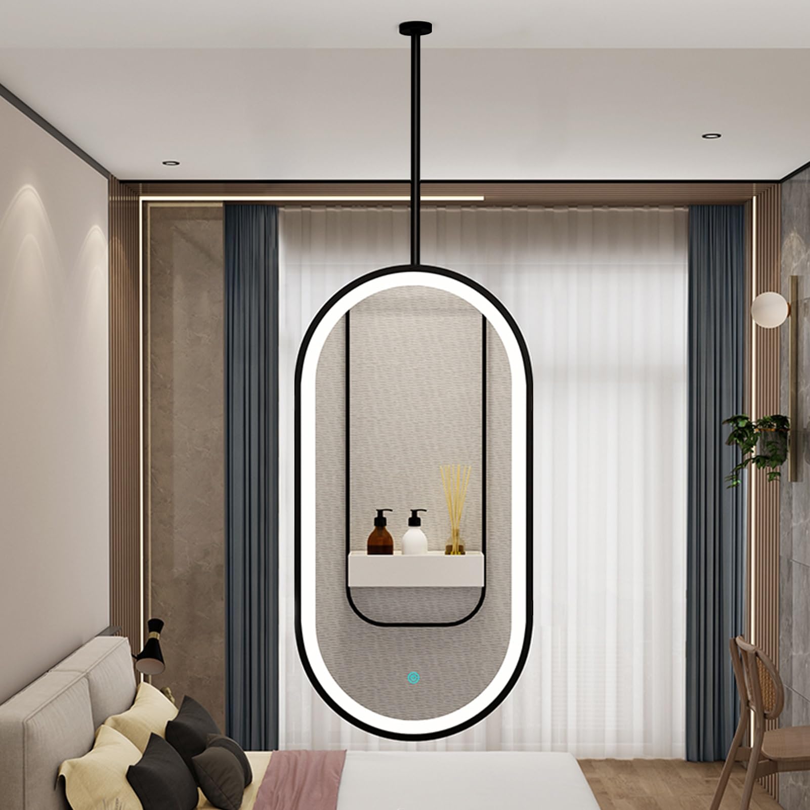 Ceiling Hanging Mirror, LED Home Decor Mirror with Touch Button, 3 Colors Dimmable Lights Floating Suspended Mirrors for Living Room Bedroom Washroom(40cmx60cm)