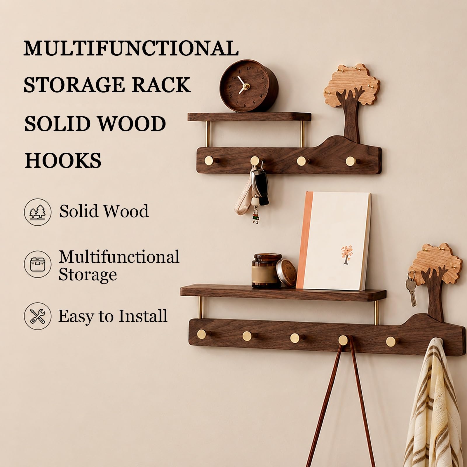 Mensola da Parete in Legno con Ganci - Legno Massello e Ottone, Design ad Albero, Soluzione Multifunzionale per Ingresso, Camera da Letto e Bagno - 41cm & 57cm(4 hooks)