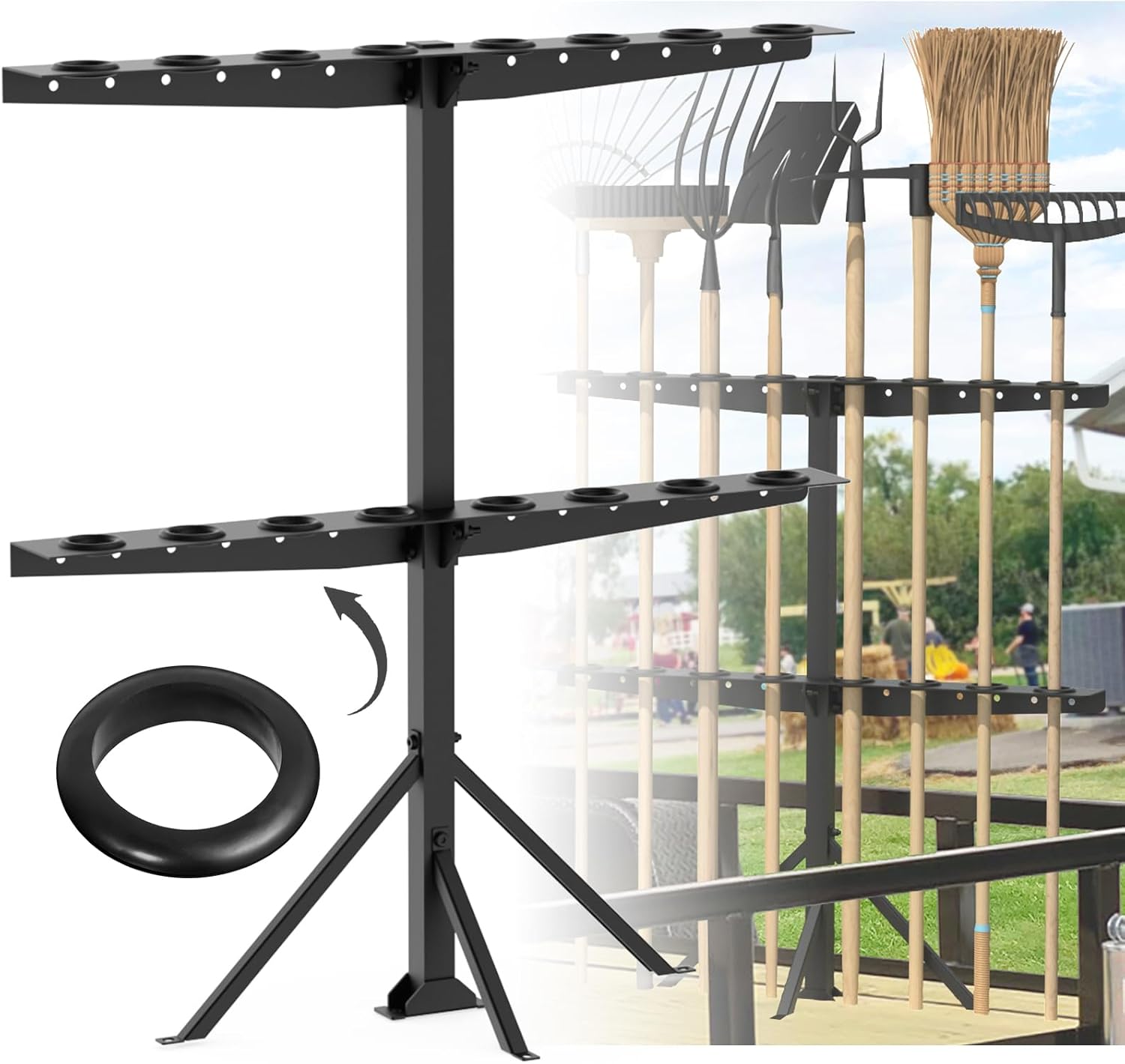 Utility Trailer Tool Rack, Shovel Rack for Truck, Rake Shovel Holder Landscape Hand Tool Accessories for Trailer Truck with 8 Rubber Holes with Brackets, Standard Black