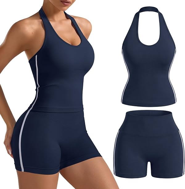 Conjunto Deportivo Mujer 2 Piezas Top Crop Halter y Shorts Levanta Cola