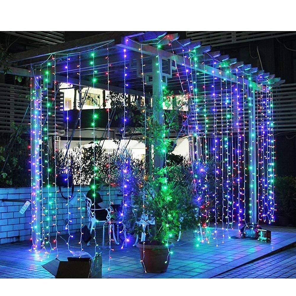 QQY Solar Curtain Light, 3m x 3m 300 LED 8 Modes Remote Control Waterproof Solar Fairy Lights Outdoor Curtain String Lights for Gazebo Patio Party Festival Decorations (Colorful)