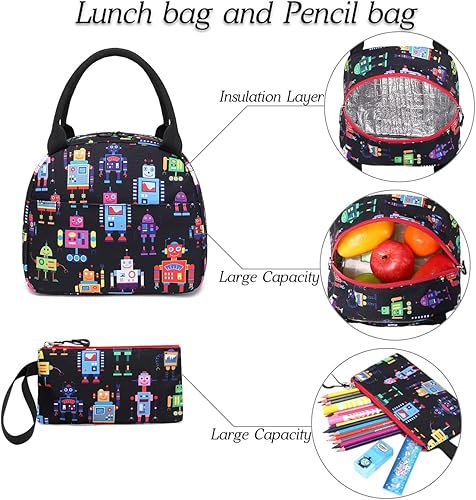 Miniatura 6 de Mochila escolar para niños con bolsa de almuerzo y estuche para lápices suministros de jardín de infantes para niños y niñas juego de roborte negro