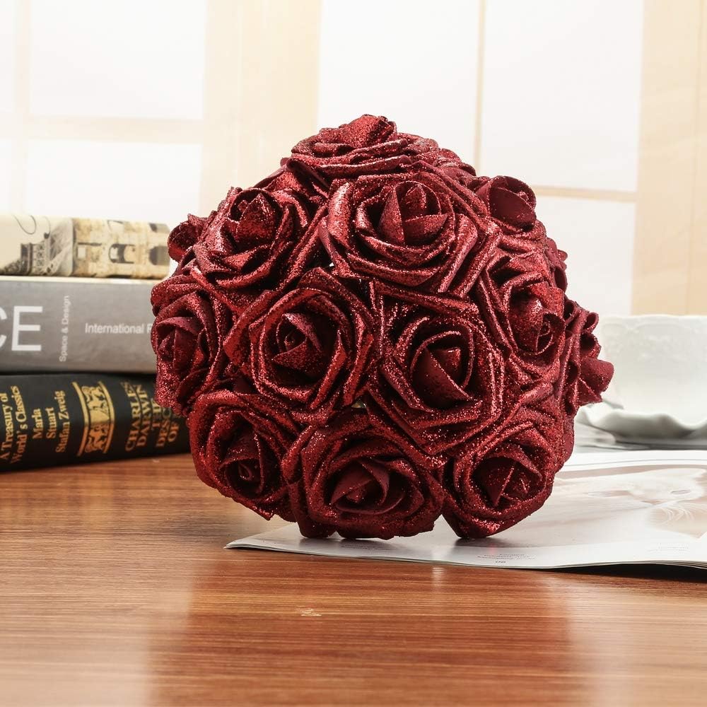Febou Artificial Flowers, 50 PReal Touch Artificial Foam Roses Decoration DIY for Wedding Bridesmaid Bridal Bouquets Centerpieces, Party Decoration, Home Office Decor (Standard Type, Shimmer-Dark Red)