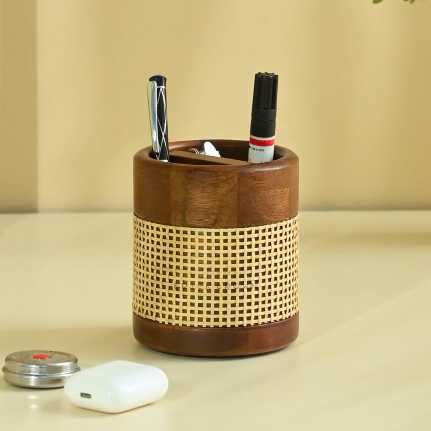 Brick Brown® Premium Wooden Tresso Cutlery Holder Spoon Stand for Kitchen | Spoon Holder for Dining Table | Wooden Caddy Storage Organizer Stand with Removable Section Caddy Holder (4x4x4.5 inch)