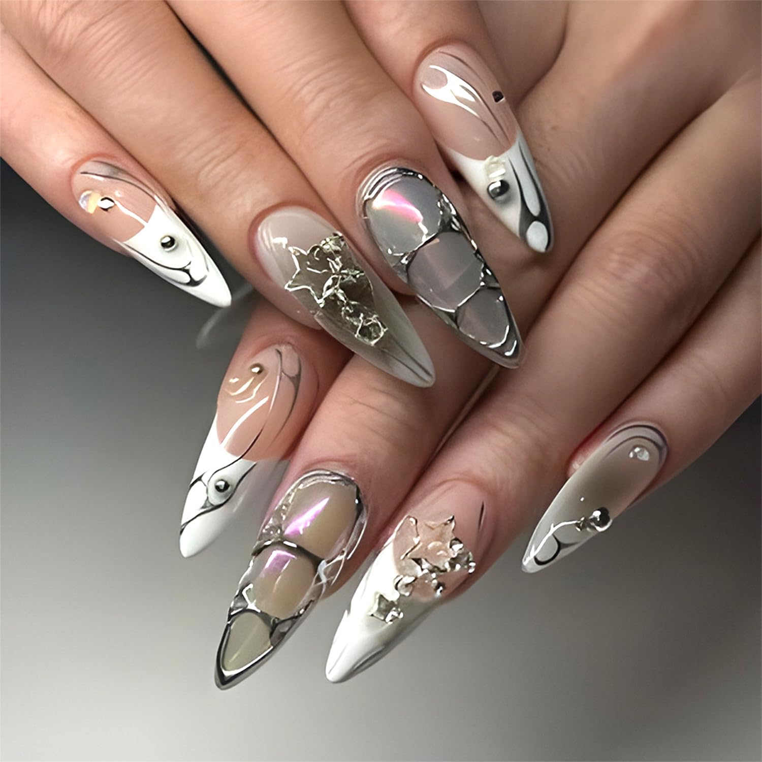 LWTZLW White French Tip Press on Nails Medium Almond False Nails with 3D Star Gradient Design Full Cover Glue on Nail Reusable Acrylic Fake Nails