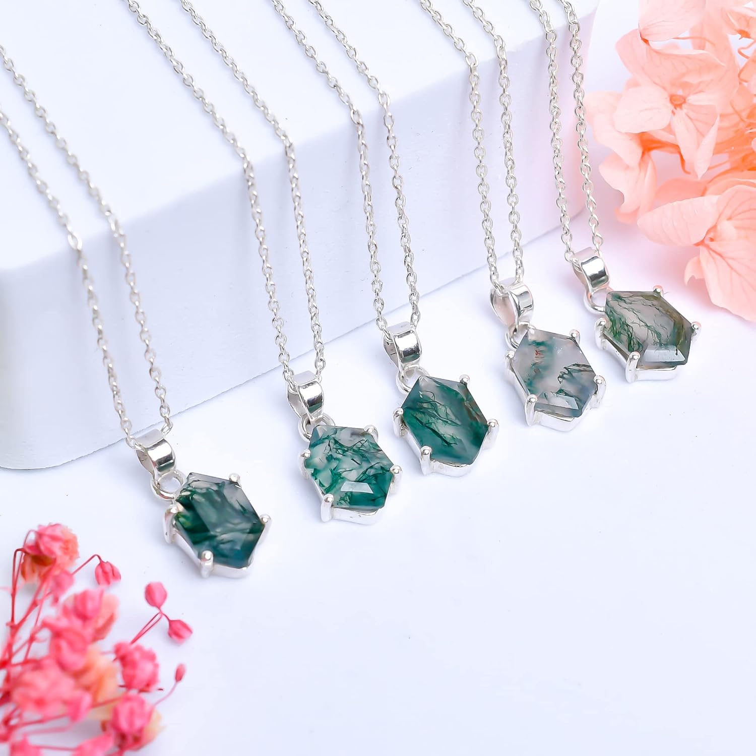 Real Moss Agate Hexagon Prong Gemstone Dainty Pendant Necklace, Healing Chakra Stone, Birthstone, Natural Crystal, Women Jewelry, 925 Sterling Silver Chain 18 inch - Image 5