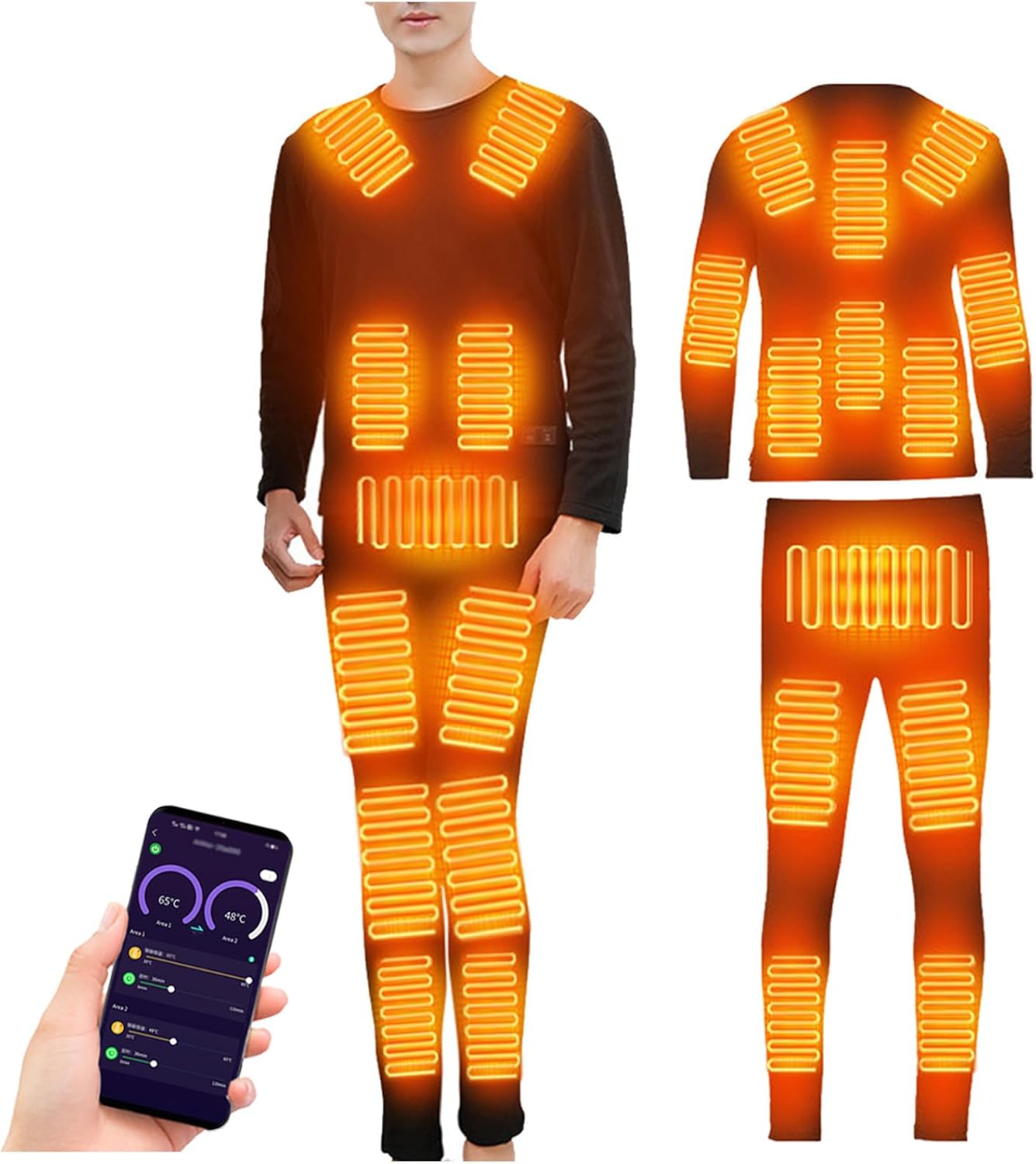 Heated Thermal Underwear Set with Smart APP Dual Control 24 Heating Zones Fleece Lined Base Layer Top Bottom Set