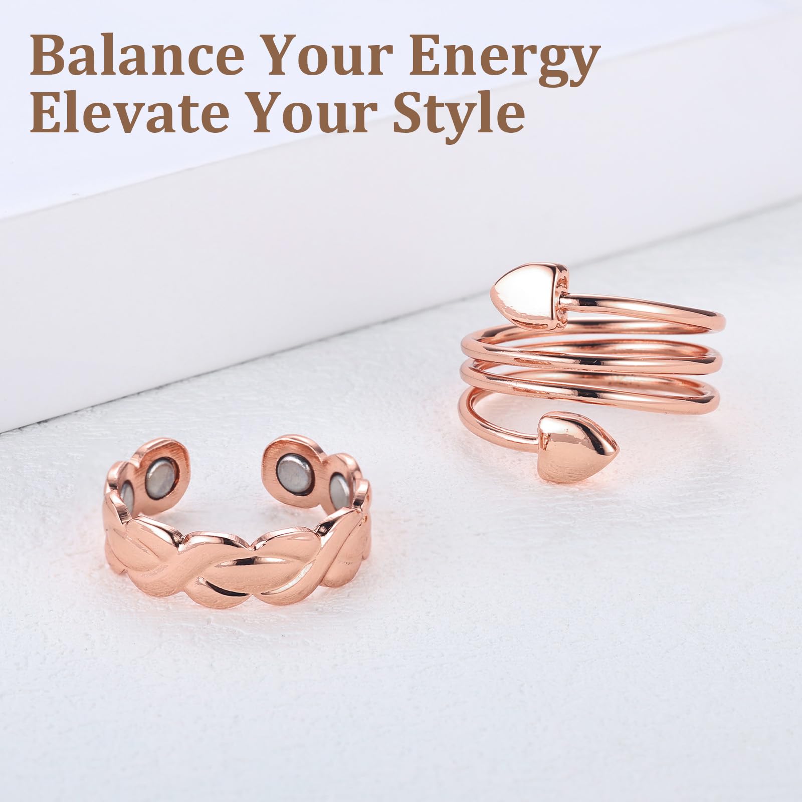 BioMag 2Pcs Lymphatic Drainage Copper Rings for Women in Different Design, Pure Copper Magnetic Ring with 10X Ultra Strength Magnet, Adjustable Jewelry in Gift Box