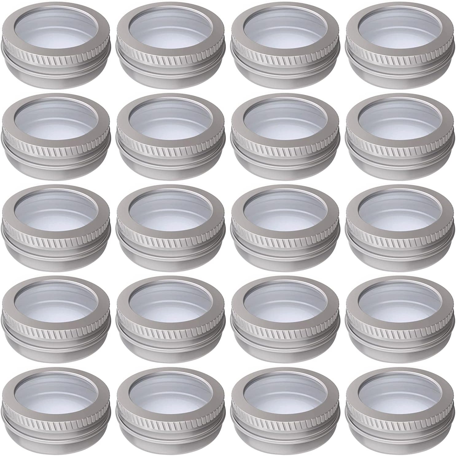 2 Ounce Aluminum Tin Jar 60 ml Refillable Containers Clear Top Screw Lid Round Tin Container Bottle 20 Pcs for Cosmetic,Lip Balm, Cream