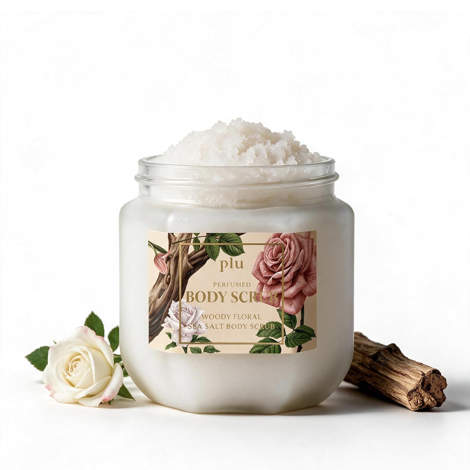 PLU Perfumed Sea Salt Body Scrub, Woody Floral Scent - Exfoliating Dead Sea Salt Scrub with 9 Plant Oils, Vegan & Dermatologist Tested Body Polish