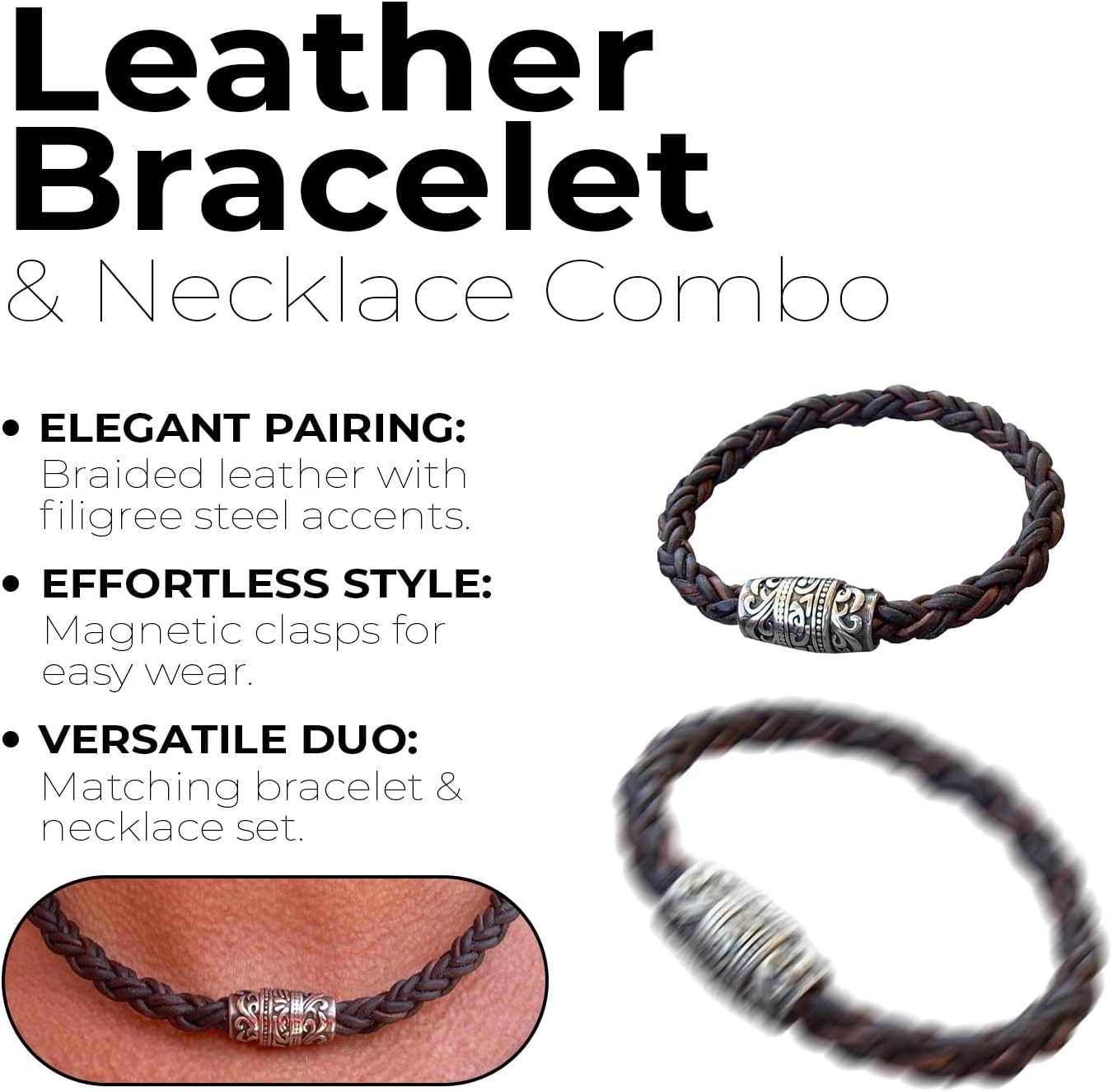 Handmade Mens Thick Braided Leather Necklace and Bracelet Two Pieces Set with Filigreed Stainless Steel Magnetic Clasp - Genuine Leather Necklace and Bracelet for Men