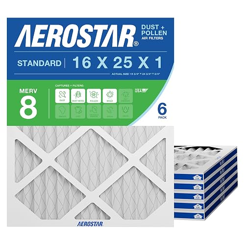 Aerostar Air Filter 16x25x1 MERV 8 AC Filter, HVAC, Furnace Filter, 6 Pack | ACTUAL SIZE (15.75 x 24.75 x 0.75) AC Filter, HVAC, Furnace Filter Captures Dust, Lint & Pollen MERV 8