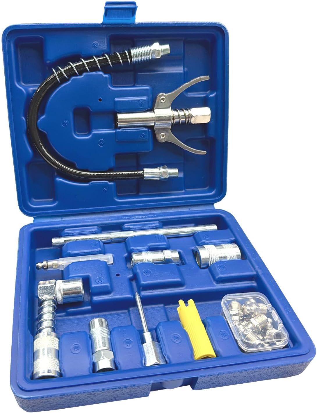 17 Piece Grease Gun Accessory Kit, Quick Connect Grease Coupler Set with 90° Adapter, 12 Inch Spring Flex Hose, Grease Zerk Fittings & Cleaning Tool, Universal for 1/8" NPT Grease Guns