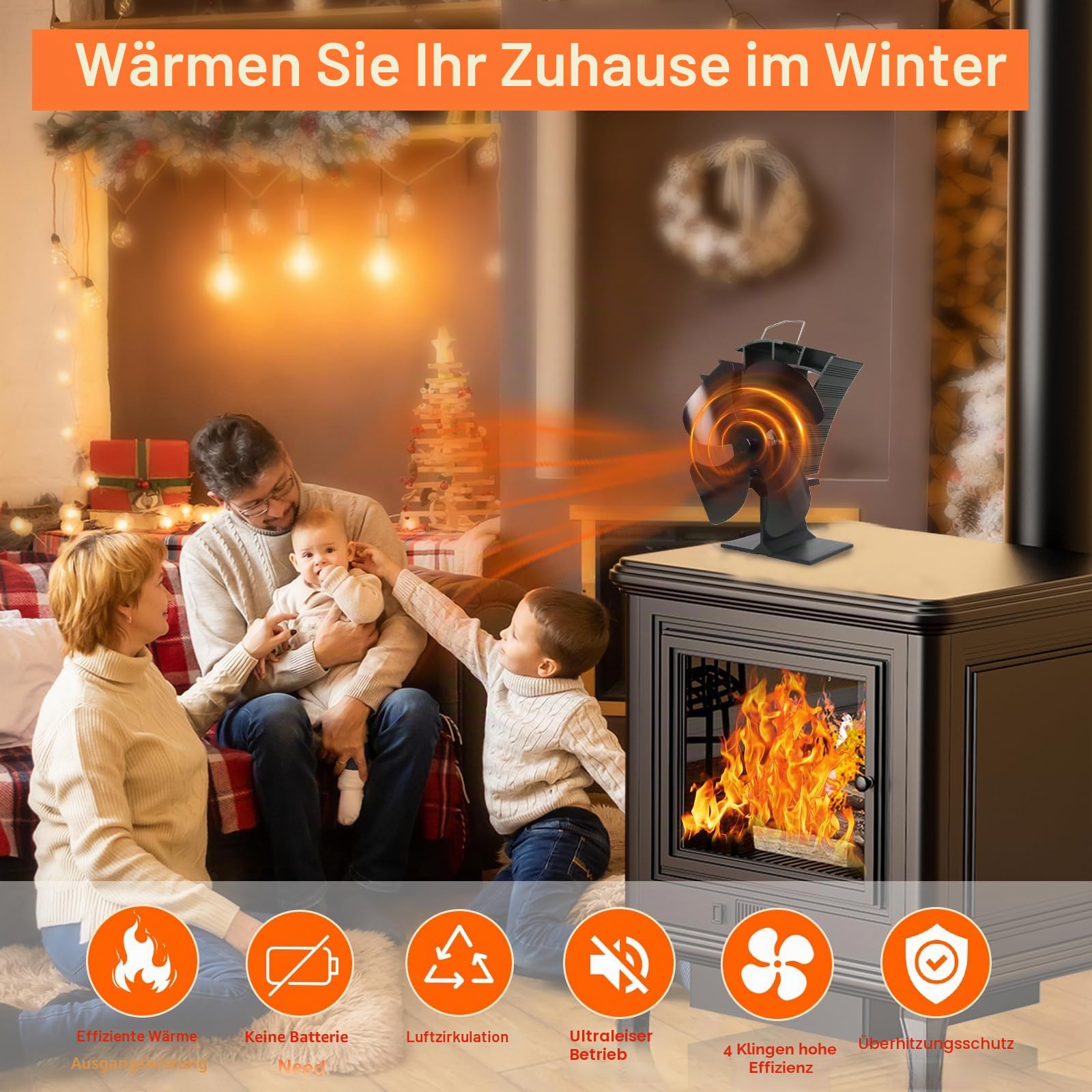 Tomersun Ofenventilator, Leiser Kaminventilator mit 4 Blättern Ofenventilator Ohne Strom Kamin Ventilator für Holz/Brennholz/Feuerstelle/Ofenrohr