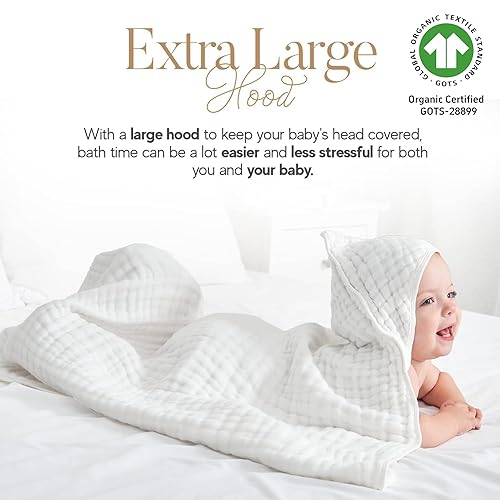 Miniatura 3 de HardNok Paquete de 4 toallas de muselina con capucha para bebé, preuim de muselina de 6 capas de algodón natural, suaves y cómodas para niños y